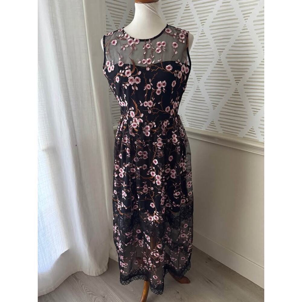 BLDHM Bronx & Banco Size 8 Black Mesh Floral Embroidered Midi Dress Anthro - Picture 2 of 10